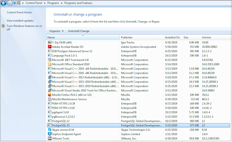 The Uninstall or Change a Program dialog box